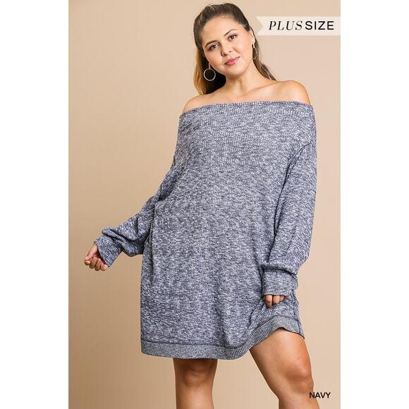 Umgee Off Shoulder Soft Knit Dress Long Sleeve Ribbed Heathered Navy Blue, XL - Picture 4 of 6